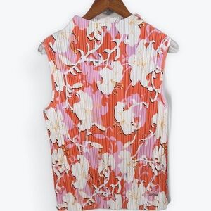 Marc New York Vibrant Floral Ribbed Blouse Coral Pink White Mock Neck Tank